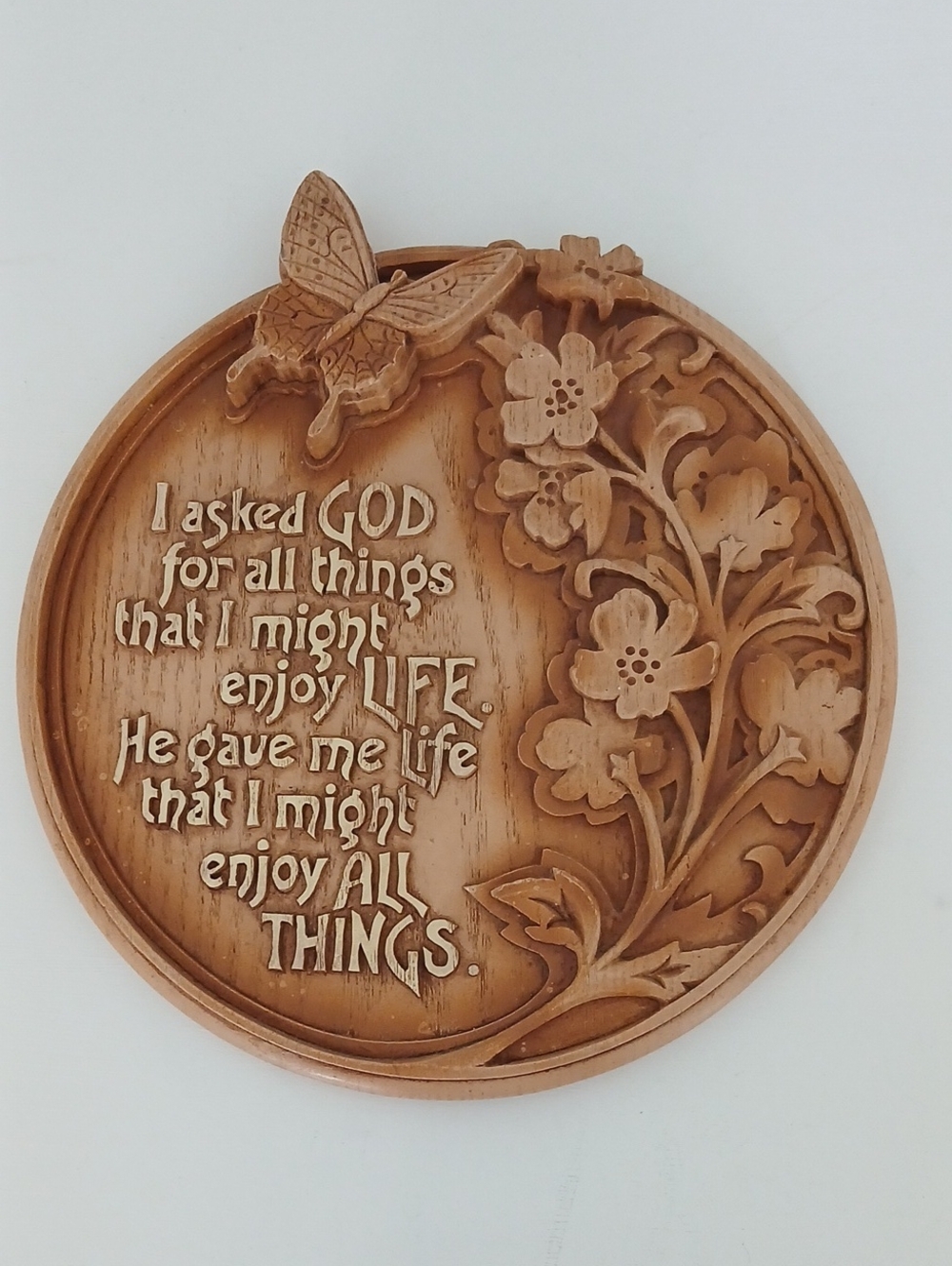 Round Wall Decor ENJOY ALL THINGS 3-D Carved Wood-Look Butterfly Flowers 10"
